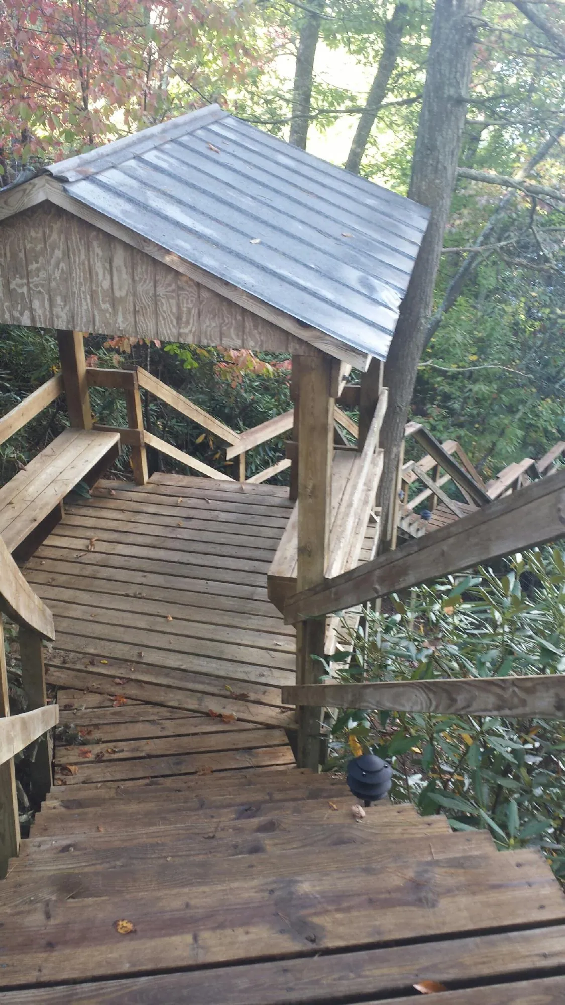Metal roofed shelter over wooden steps on a wooded walkway — Skylight Repair & Installation work by our crew in Promise City